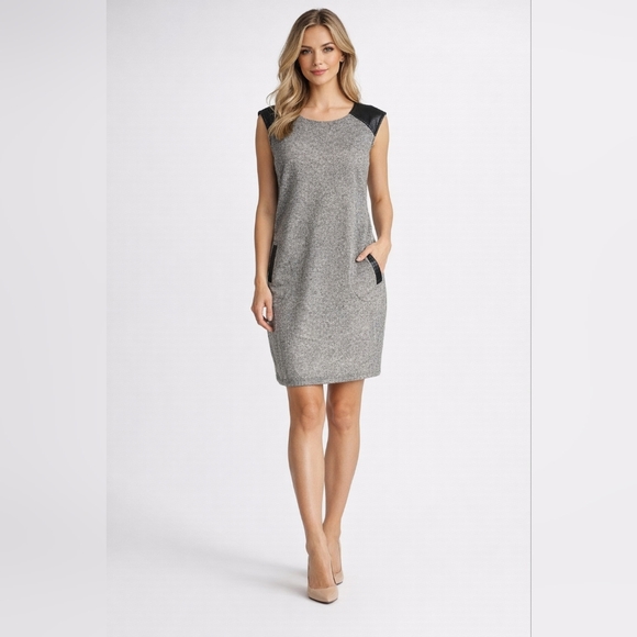 Very J Dresses & Skirts - Very J Gray Dress Sleeveless Faux Leather Shoulders Side Pockets Bsck Zip Size L